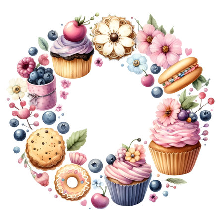 Cupcake wreath with berries and sweets. Hand drawn watercolor illustrationの素材