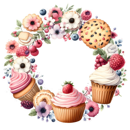 Watercolor floral wreath with cupcakes, flowers and berries.の素材