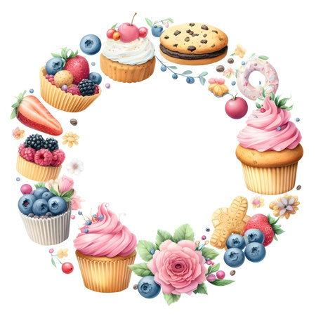 Round frame with berries and cakes. Watercolor illustration isolated on white backgroundの素材