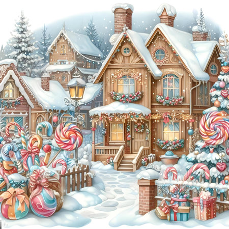 Winter village with houses and christmas decoration - illustration for children.の素材