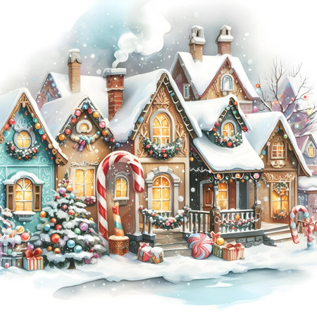 Cute winter village with Christmas trees, gifts and candy canesの素材