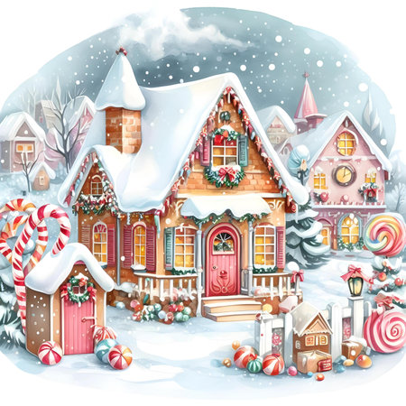 Christmas and New Year greeting card. Cute gingerbread houses in the snow.の素材