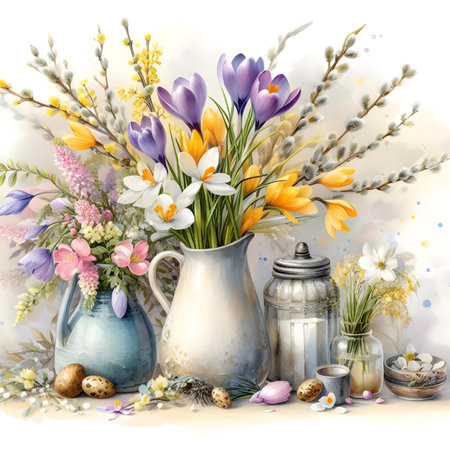 Easter greeting card with crocuses, tulips and willow twigs in vases.の素材