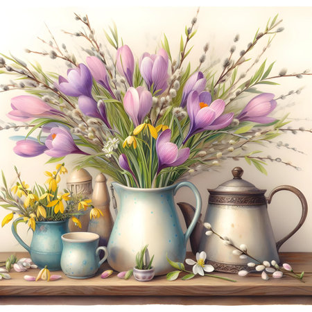 Vintage still life with crocuses, crocus flowers and willow branchesの素材
