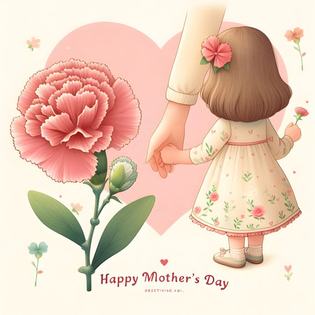 Happy mother's day greeting card with girl and flower. Vector illustrationの素材
