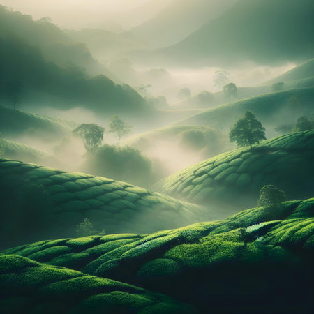 Tea Plantation in the morning mist. Beautiful Nature Landscape.の素材