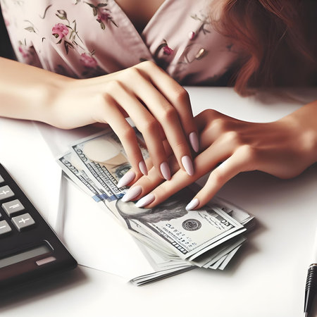 Female hands with manicure holding dollars and calculator on white background.の素材