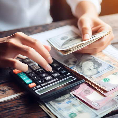 Close up of woman counting money with calculator. Business and finance concept.の素材