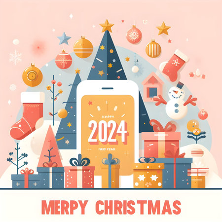 Christmas and New Year greeting card with mobile phone. Vector illustration.の素材