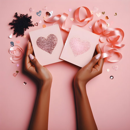 Top view of female hands holding paper cards with hearts and ribbons on pink backgroundの素材