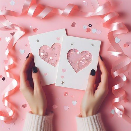 Female hands holding greeting card with hearts and confetti on pink backgroundの素材