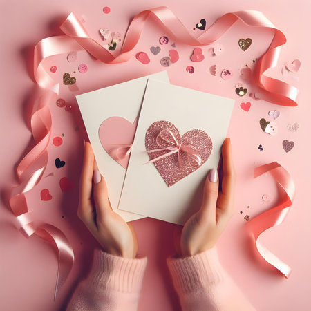 Valentine's Day greeting card mockup. Female hands holding envelope with heart shape on pink backgroundの素材
