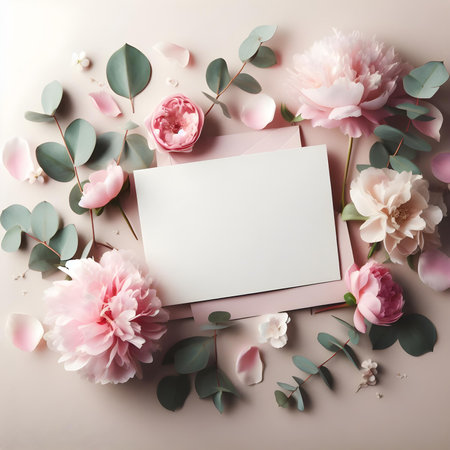 Flowers composition. Greeting card mockup, envelope, peonies and eucalyptus branches on pastel beige background. Flat lay, top view, copy spaceの素材