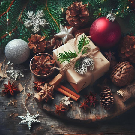 Christmas or New Year composition. Gifts, fir branches, cones, spices on a wooden background.の素材