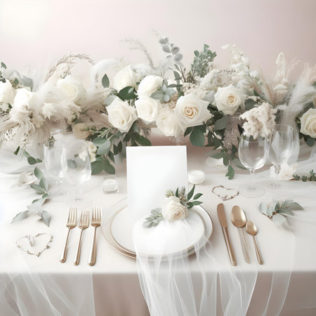 Wedding table decoration with white flowers, cutlery and green leavesの素材