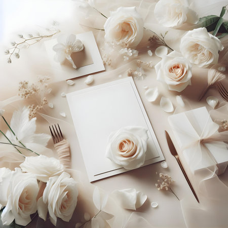 Wedding table setting with white roses and gift box. Flat lay, top viewの素材