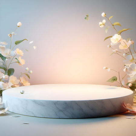 3d render, abstract minimal scene with white marble podiums and flowers.の素材