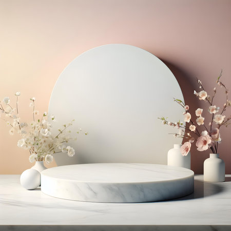 3d render of white marble podium with white flowers and pastel wallの素材