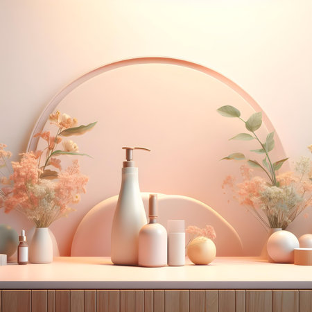3d render of cosmetic bottles on shelf in white room with flowersの素材