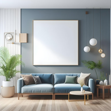 Interior of living room with a blue sofa, a coffee table and a vertical poster. 3d rendering mock upの素材