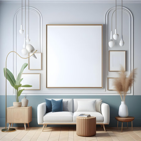 Mock up poster frame in interior background, 3D render illustrationの素材