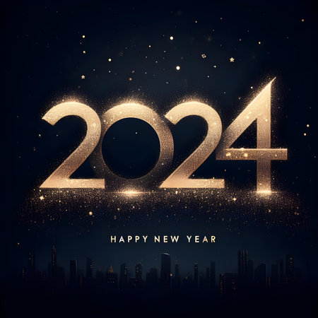 Happy New Year and Merry Christmas greeting card. Golden numbers 2024 on dark background. Vector illustration.の素材