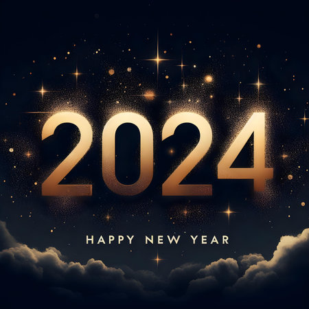 Happy New Year 2024. Greeting card with golden numbers. Vector illustration.の素材