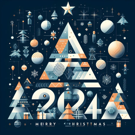 2024 New Year and Merry Christmas greeting card with geometric shapes. Vector illustration.の素材