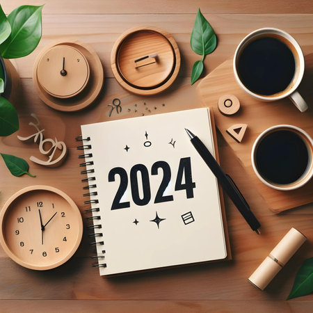 2024 New Year concept with notebook, clock and coffee on wooden table.の素材