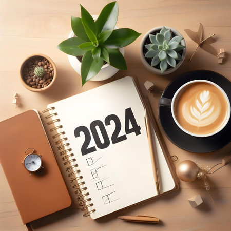 2024 Top view of workplace with notebook, coffee cup, alarm clock and succulent plant on wooden background. New year concept.の素材