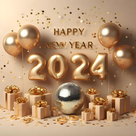 Happy New Year 2024 with golden balloons, gift boxes and confetti. 3d renderの素材