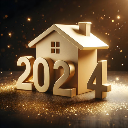 Happy new year 2024 with house on gold bokeh background.の素材