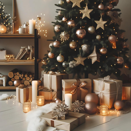 Christmas tree with presents in living room at home. Winter holidays concept.の素材