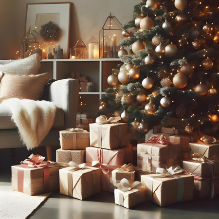 Christmas tree with presents in living room at home. 3d renderの素材
