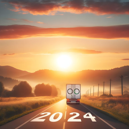 2024 new year concept. Truck on the road at sunset.の素材