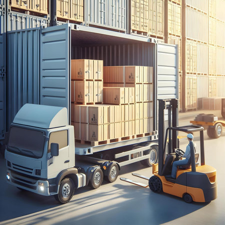 Forklift loading goods in warehouse. Logistics and transportation concept. 3D Renderingの素材