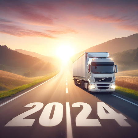 Truck on the road with 2024 new year text. 3d renderの素材