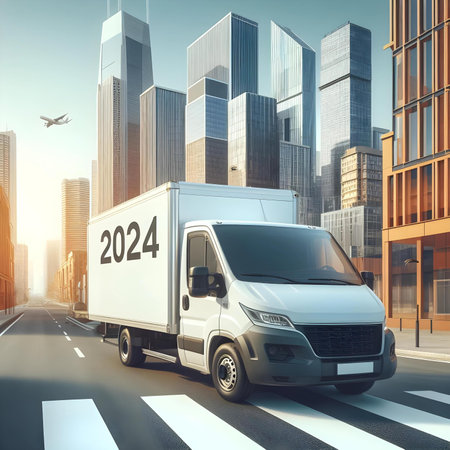 2024 Delivery truck on the road with cityscape background. 3d renderingの素材