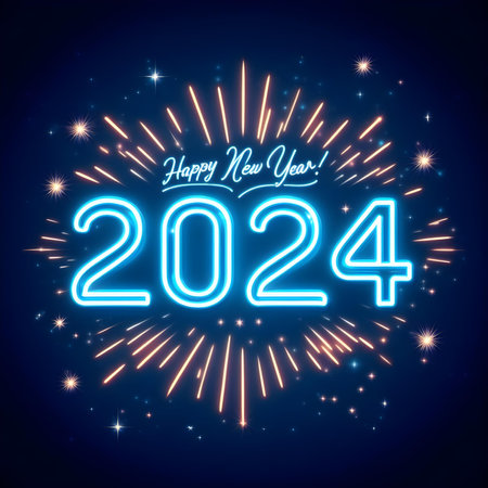 2024 Happy new year greeting card with firework and numbers. Vector illustration.の素材