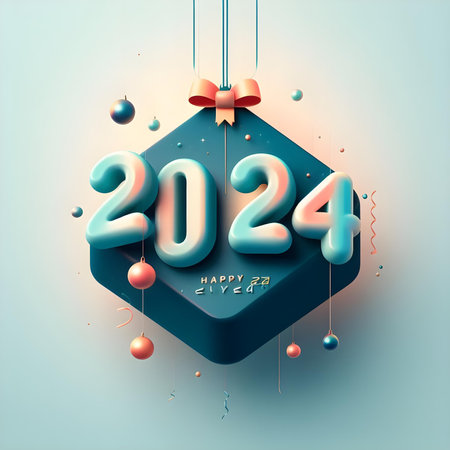 Happy New Year 2024. Greeting card with 3D numbers and Christmas balls.の素材