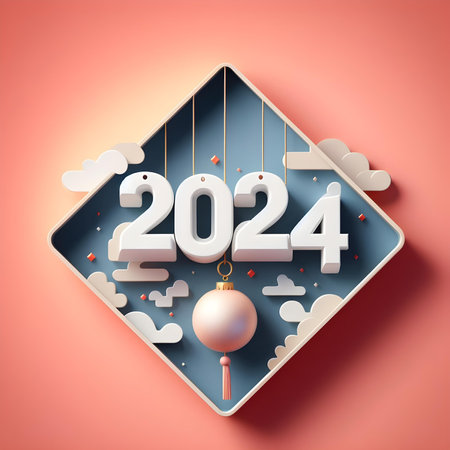 Happy New Year 2024. Happy New Year greeting card. 3D renderingの素材