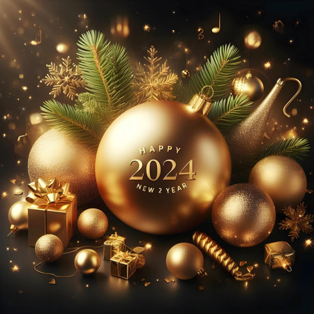 2024 Christmas and New Year background with golden baubles. Vector illustration.の素材
