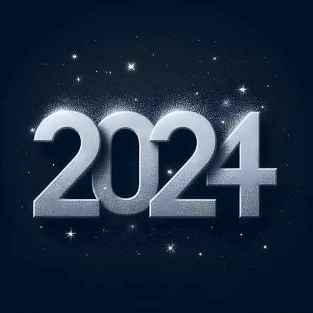 Happy New Year 2024 background. 3D illustration. White numbers and starsの素材