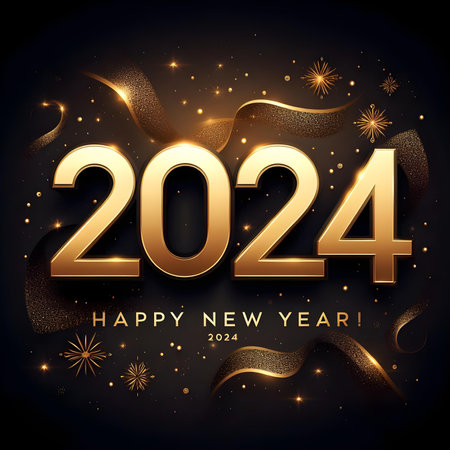 Happy New Year 2024 background with golden confetti. Vector illustration.の素材