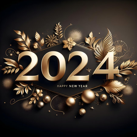 Happy New Year 2024 background with gold elements and flowers. Vector illustration.の素材