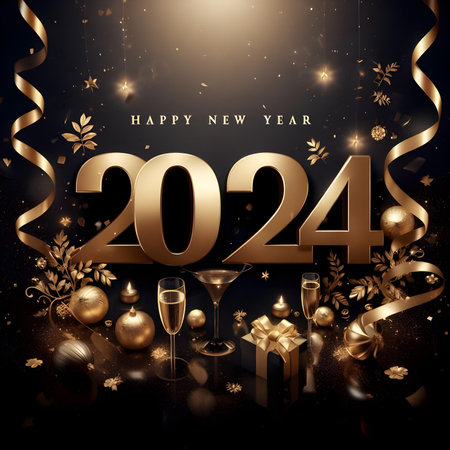 2024 Happy New Year background with golden numbers, champagne glasses, gift box and christmas decorationsの素材