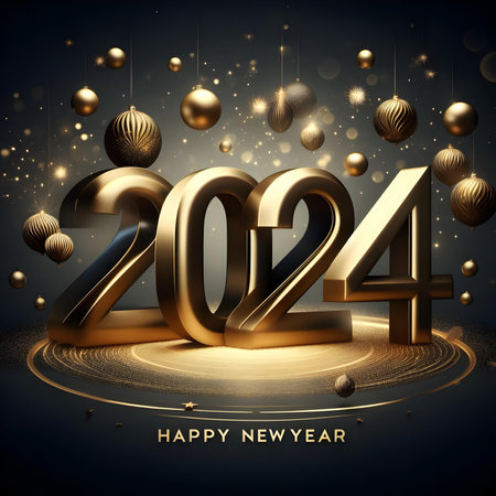 Happy New Year 2024 background with golden 3d numbers. Vector illustrationの素材