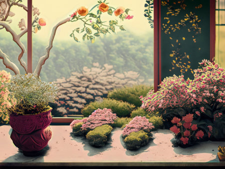 Flowers on the windowsill with a view of the nature.の素材