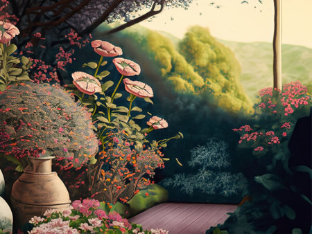 Beautiful garden with flowers in vase,3d render.の素材