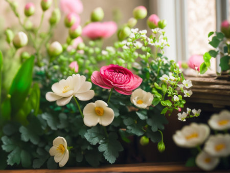 Beautiful spring flowers in a vase on the windowsill.の素材